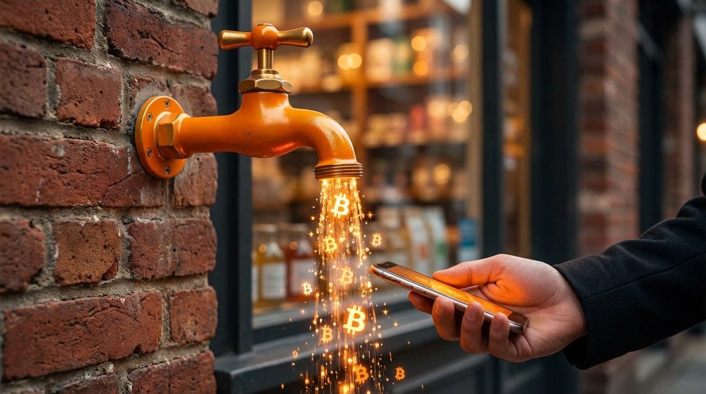 Bitcoin faucet on a storefront wall pouring Bitcoin rewards into a shopper's phone