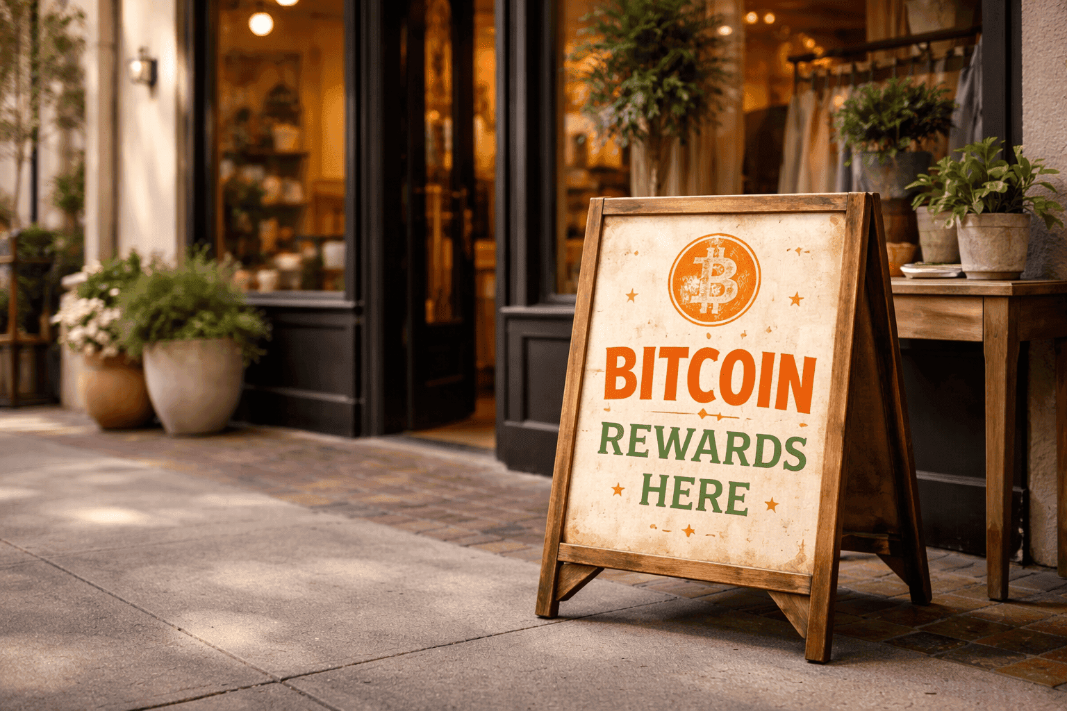 Bitcoin rewards sign outside a small business storefront where shoppers can earn bitcoin by shopping