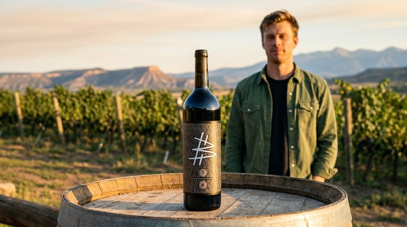Earn Bitcoin rewards at Peony Lane: Ben Justman with high-altitude Colorado wines and a bottle on a wine barrel